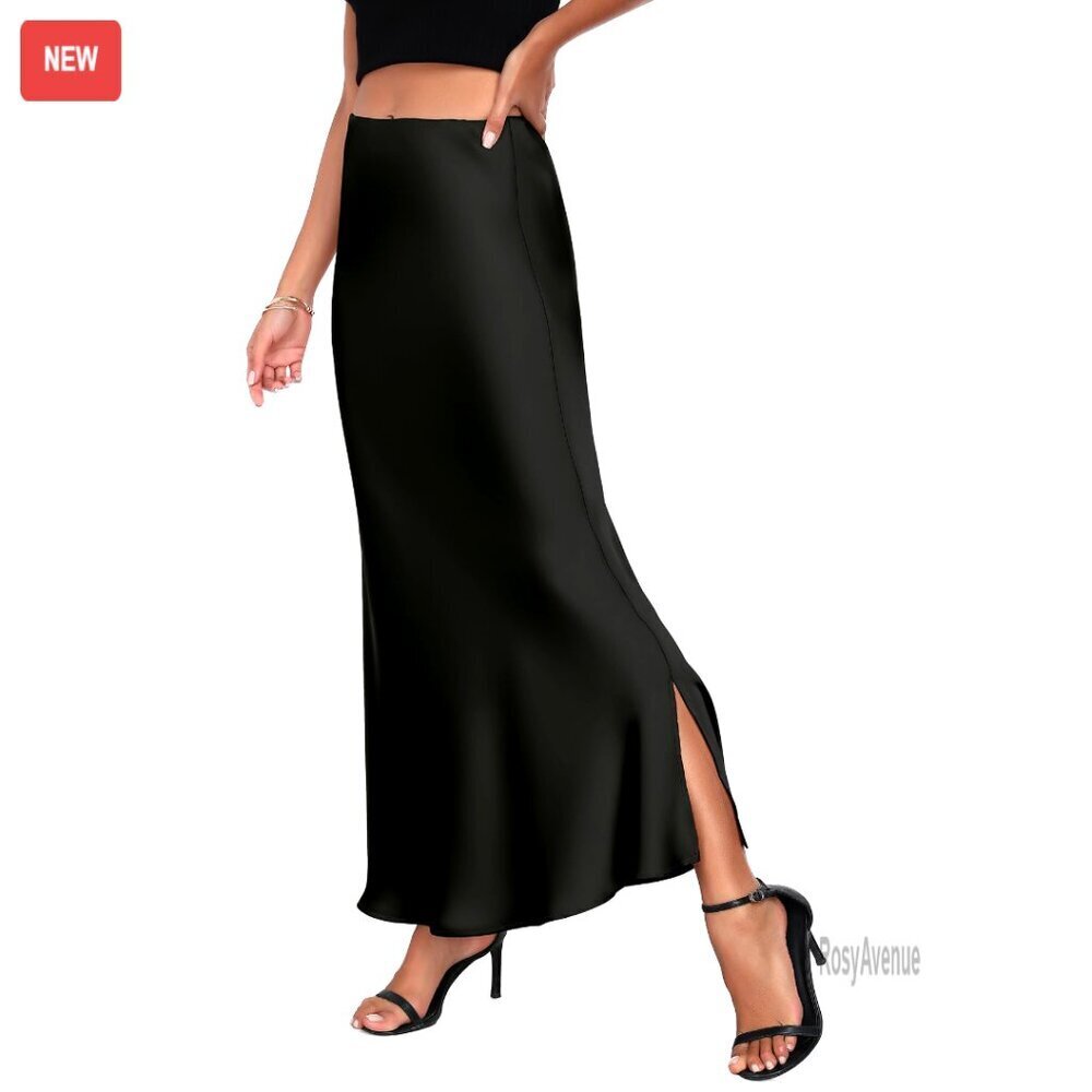 Satin Maxi Skirt High Waisted A-Line Split Side Cocktail Party Wear